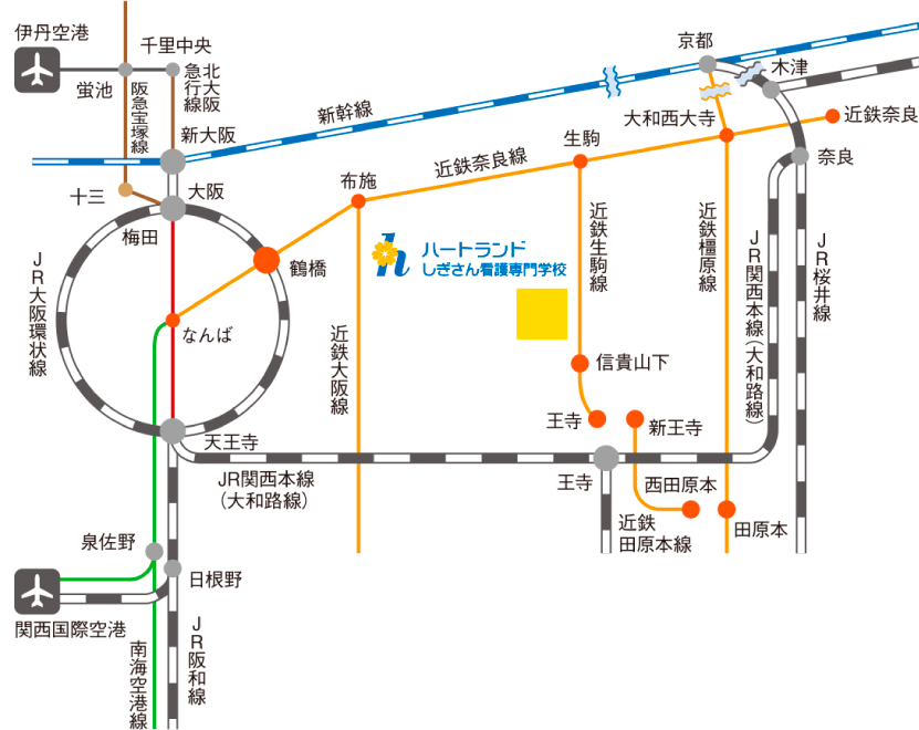 路線図：JR大和路線 王寺駅、近鉄生駒線 信貴山下駅など学校周辺の路線